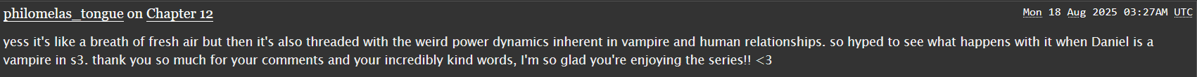 Comment by an AO3 author in response to my praise of their fan fiction