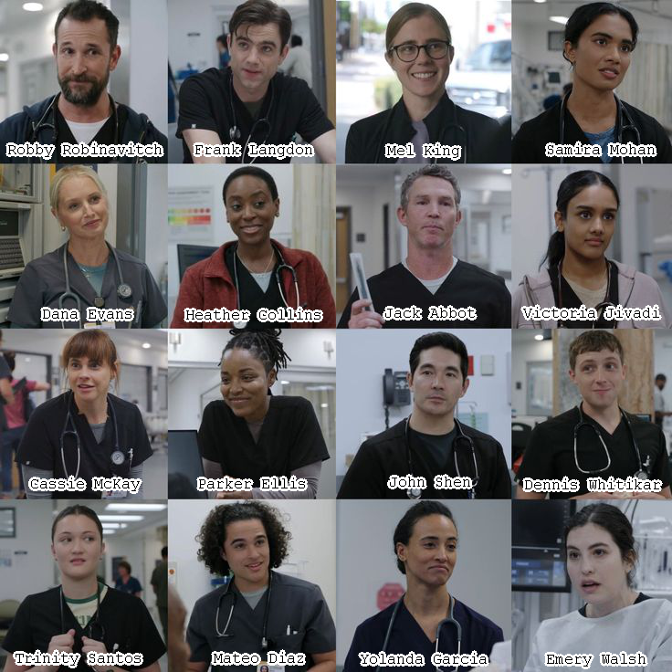 a collage of all the main characters in The Pitt