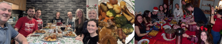 a family around a christmas dinner, a christmas dinner meal, lots of young people around a table
