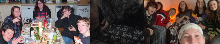 5 friends eating wine and cheese, myself and my cat in bed, 7 friends