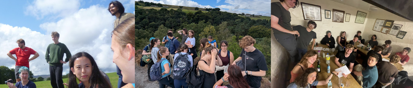 5 friends on a hill, lots of friends above a forrest, lots of friends sitting on benches