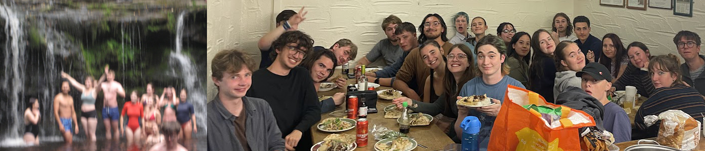 a blurry photo of friends in front of a waterfall, 24 friends sat with their thai curry