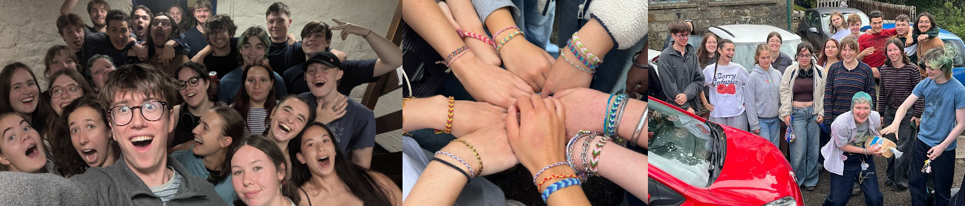 25 friends, 9 hands showing off friendship bracelets, a group of us around the cars