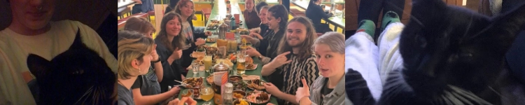 me with my black cat, my group of friends at a long restraunt table, my black cat