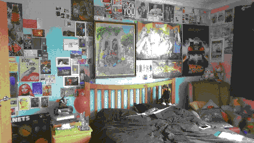 a bedroom wall with many posters, a double bed, and side table