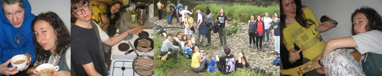 me and Jess, Henry cooking sausages, our big group on a riverside, Erin and Jess showing their matching clothes