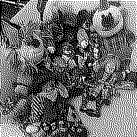 black and white photo of many clown dolls
