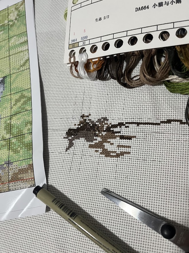 embroidery thread, a wooden hoop, and some cross stitch cloth with dark brown stitches