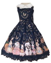 Navy dress with rabbits along the bottom