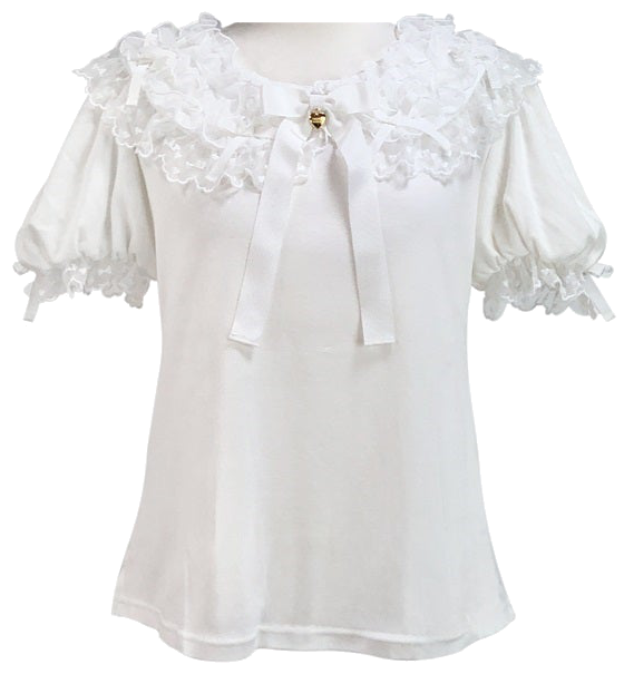 short sleeve white cutsew top with frilly collar