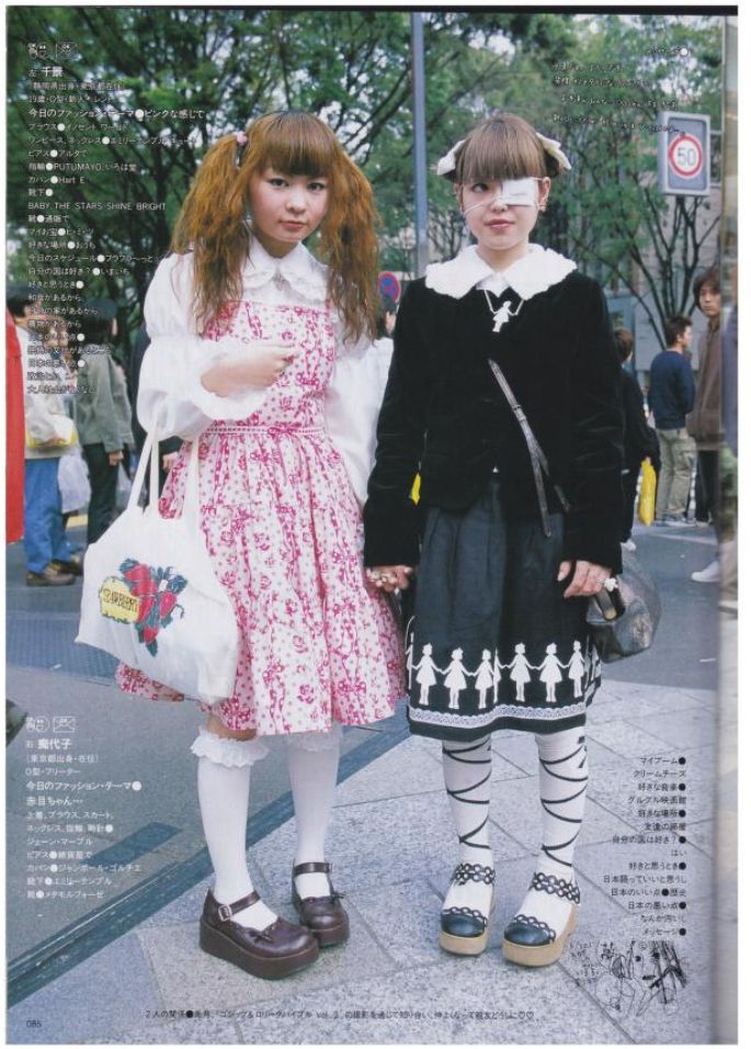 Two old school Lolitas, one in pink florals, the other in black and white