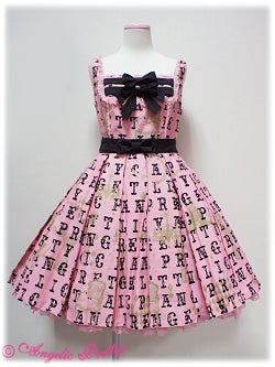 pink dress with black writing spelling Angelic Pretty