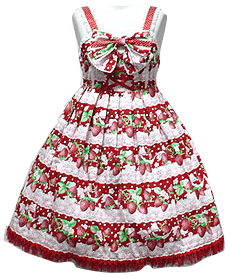 Red and white dress with strawberries all over it