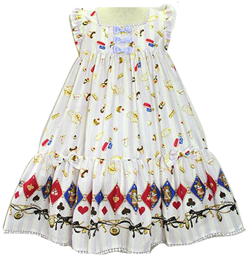 White dress with navy and red diamonds as the border print and sweets all over