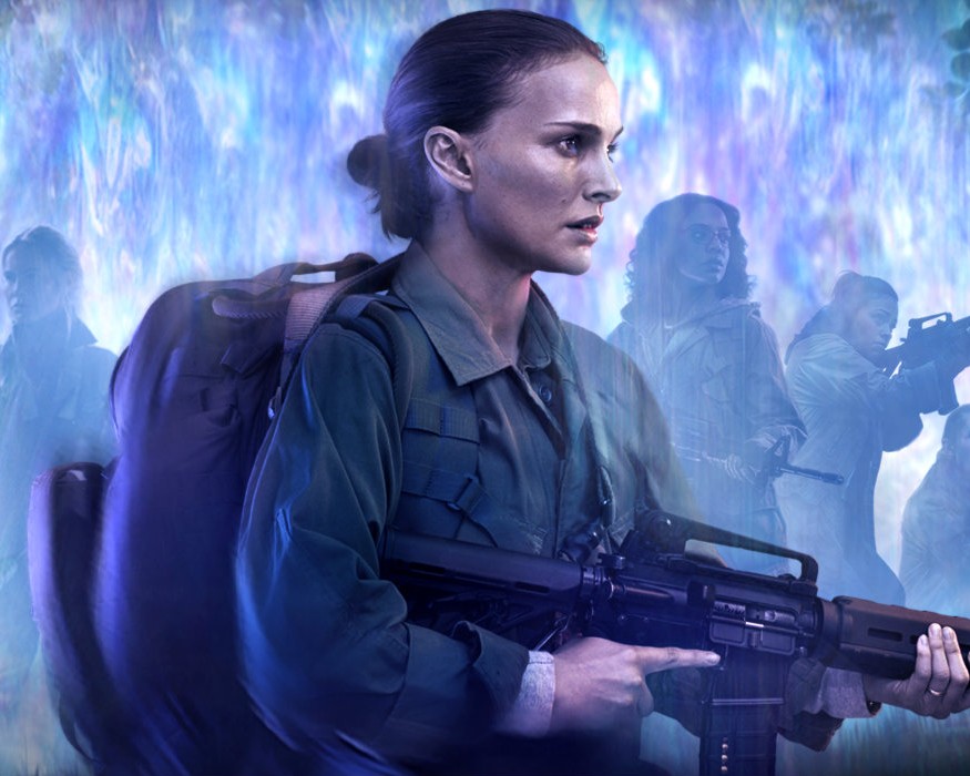 Natalie Portman in military gear with a blue refracted background