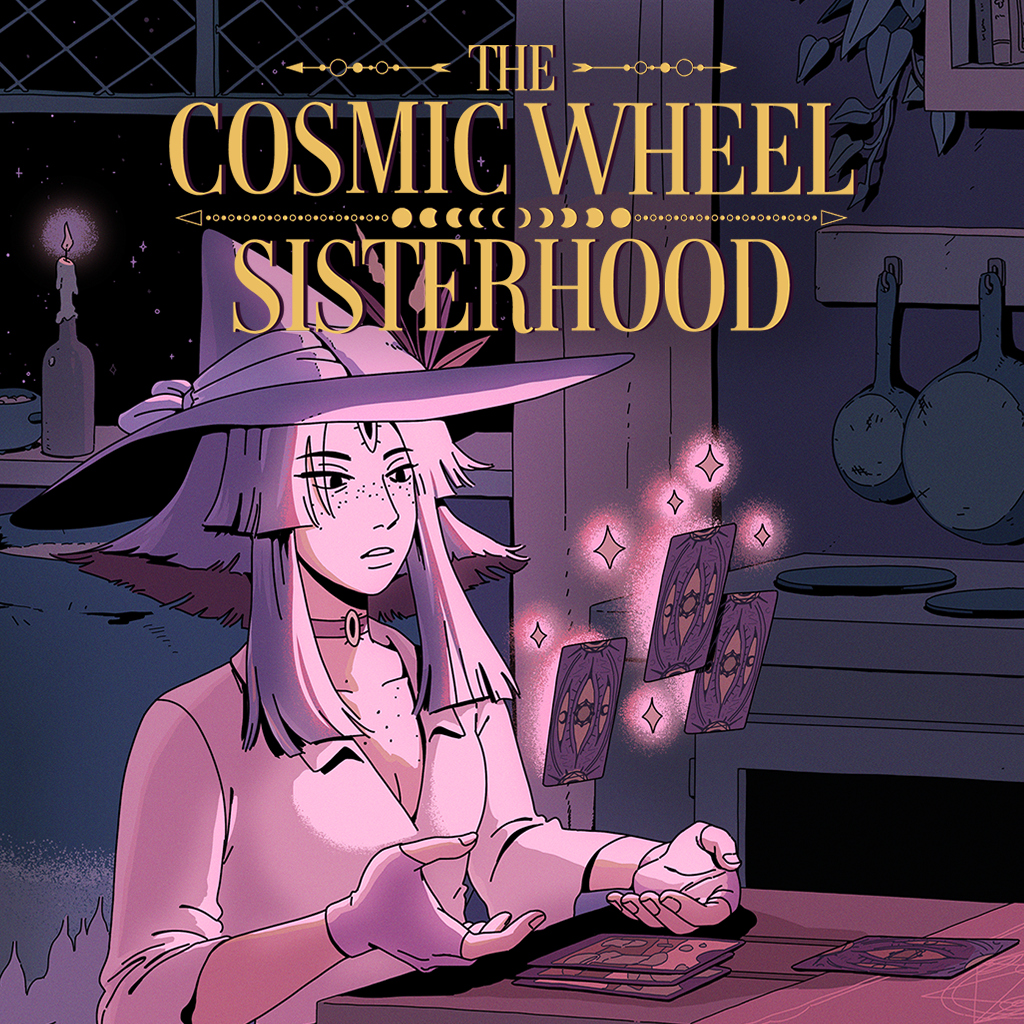 The Cosmic Wheel Sisterhood purple poster with a witch and floating tarot