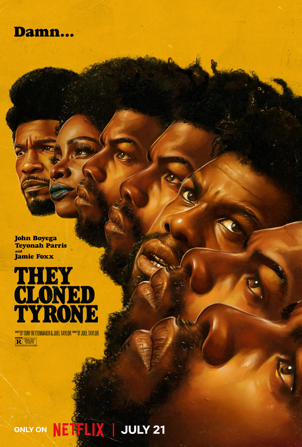 Jamie Foxx, Teyonah Parris, and John Boyega in They Cloned Tyrone